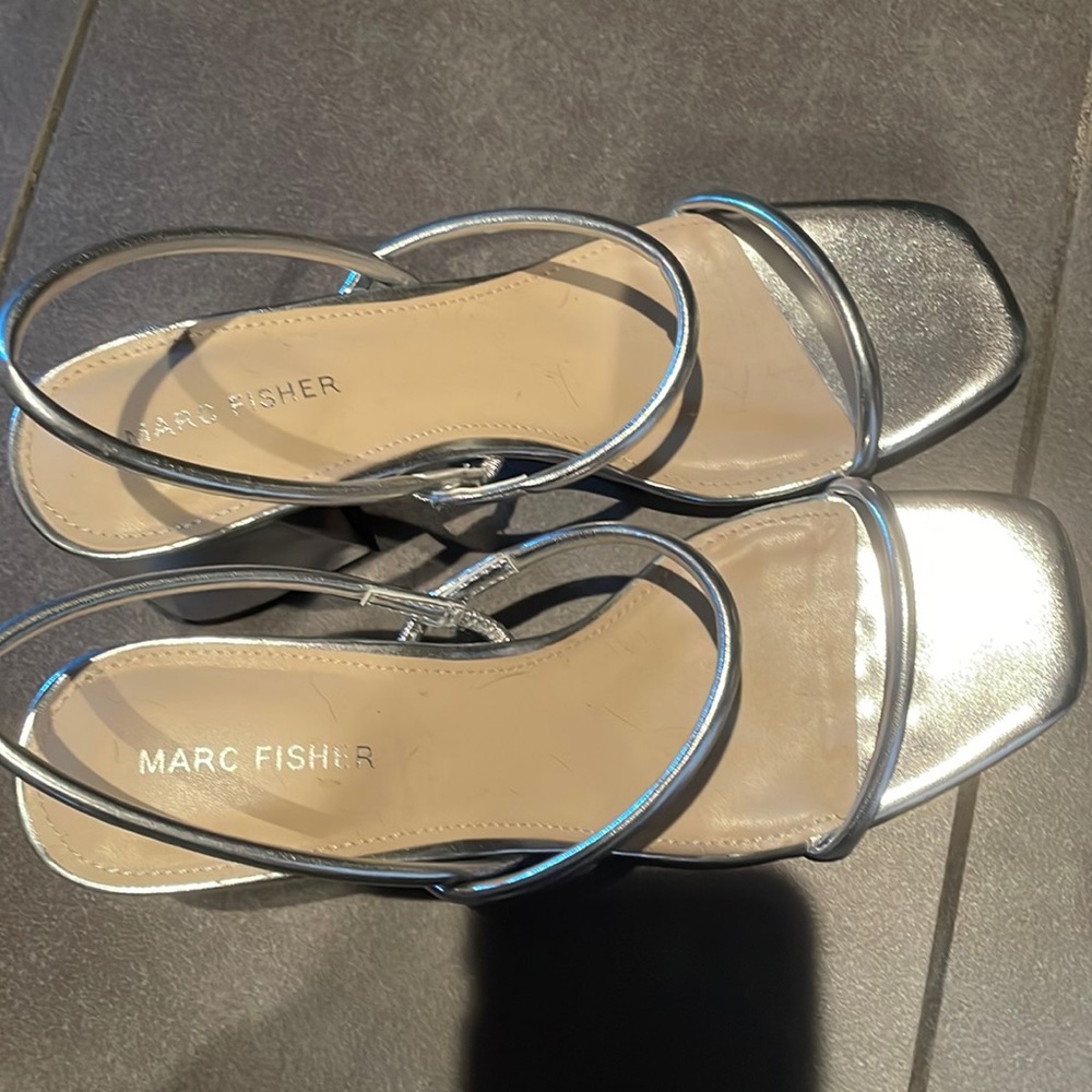 Marc Fisher Galvin Women's Square Heel Toe Strappy Chrome Silver Sandals Pumps